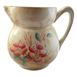 Antique SP Co. Ironstone Pitcher Cream & Beige With Pink English Roses 6.5”